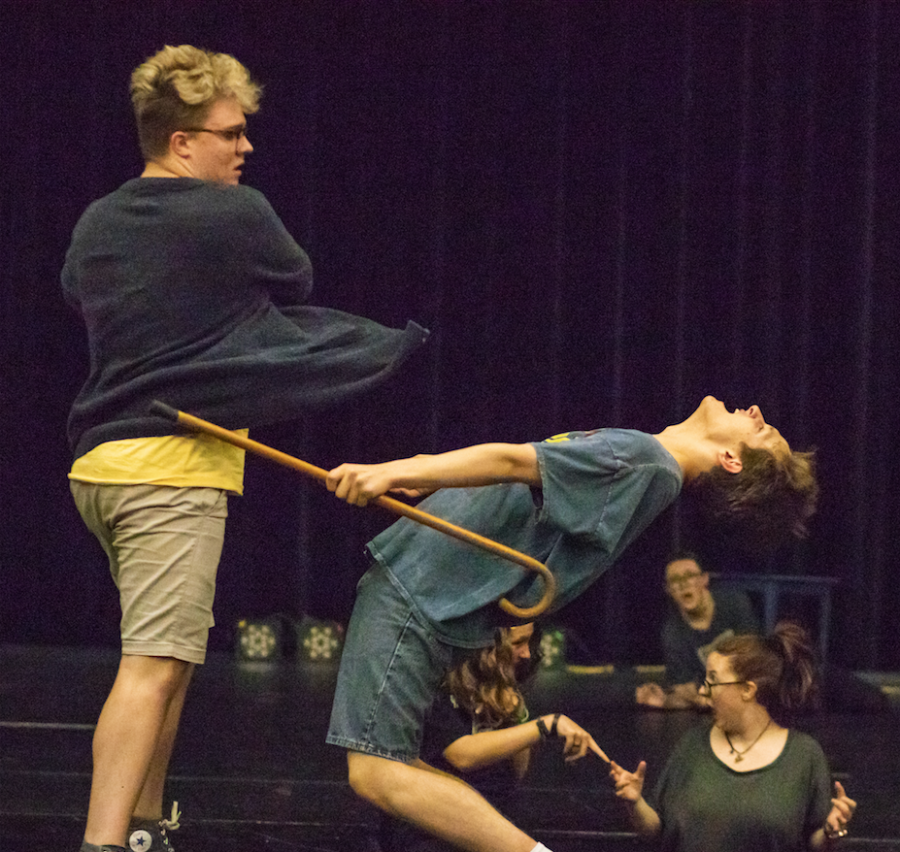 Aidan Neely (left) and Robert Holloway rehearse for the upcoming Musical Monarchs that begins Thursday at Rider Auditorium. 