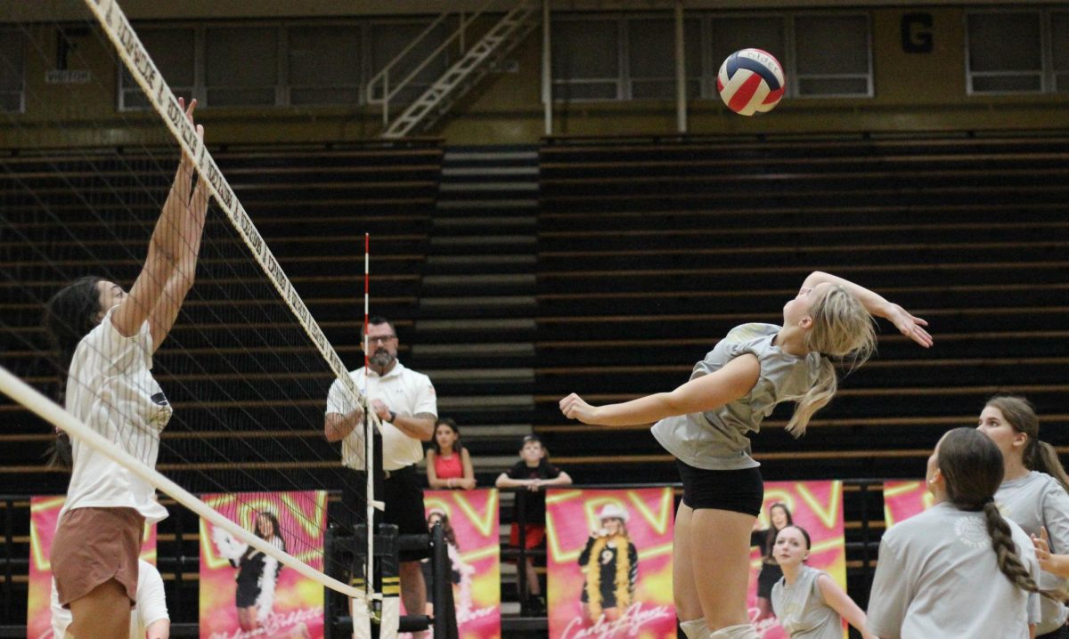 Shelby Davis goes up for a kill during last weeks Rider alumni game. The alumni game is something new the volleyball team is doing in the Lady Raiders final season. 