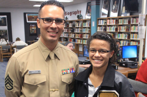 Senior Cintia Vickery with Staff Sergeant Garcia, her Marine Recruiter. Vickery plans on joining the Marines and participating the their ROTC program. 