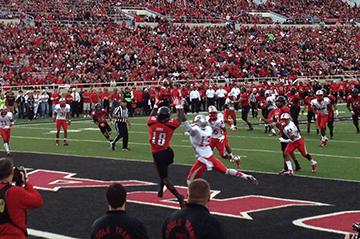 Eric Ward catches a touchdown pass from Seth Doege in the 2nd quarter of the 2012 New Mexico vs. Texas Tech football game at The Jones AT&T Stadium in Lubbock, TX. Photo used with permission.