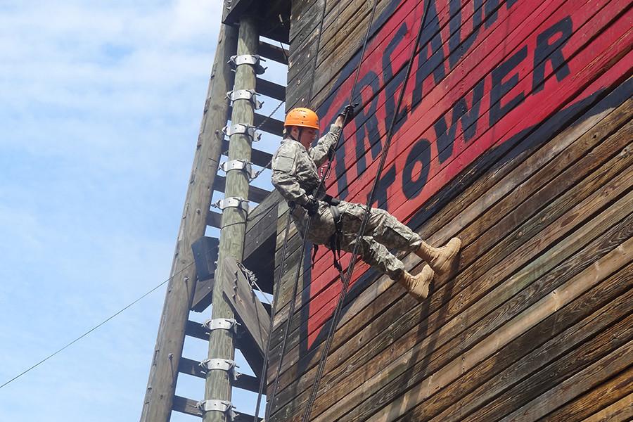 Chris Greenwood rappels from the top of Treadwell Tower at Ft. Sill, Oklahoma.
Photo provided by Colonel Kuhl.