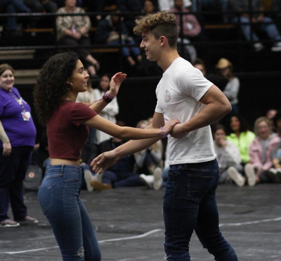 Karina Murillo and Daine Wilson dance during the senior skit pep rally in the fall. 