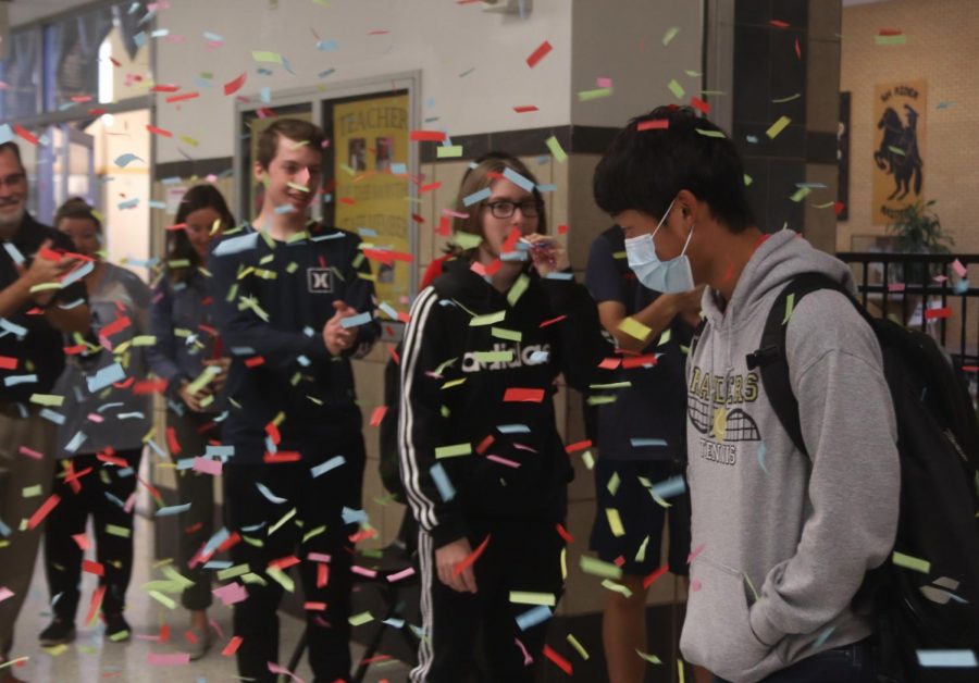 Freshman Jun Park celebrates his all-state orchestra honor at a surprise announcement in November. 