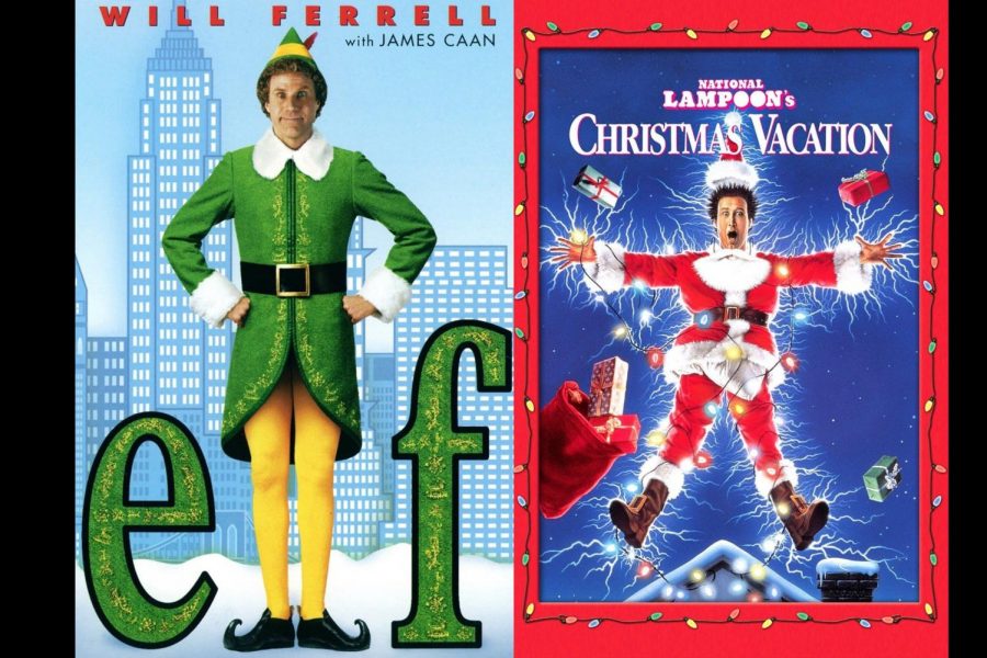 Movie posters from Christmas classics Elf and National Lampoons Christmas Vacation.